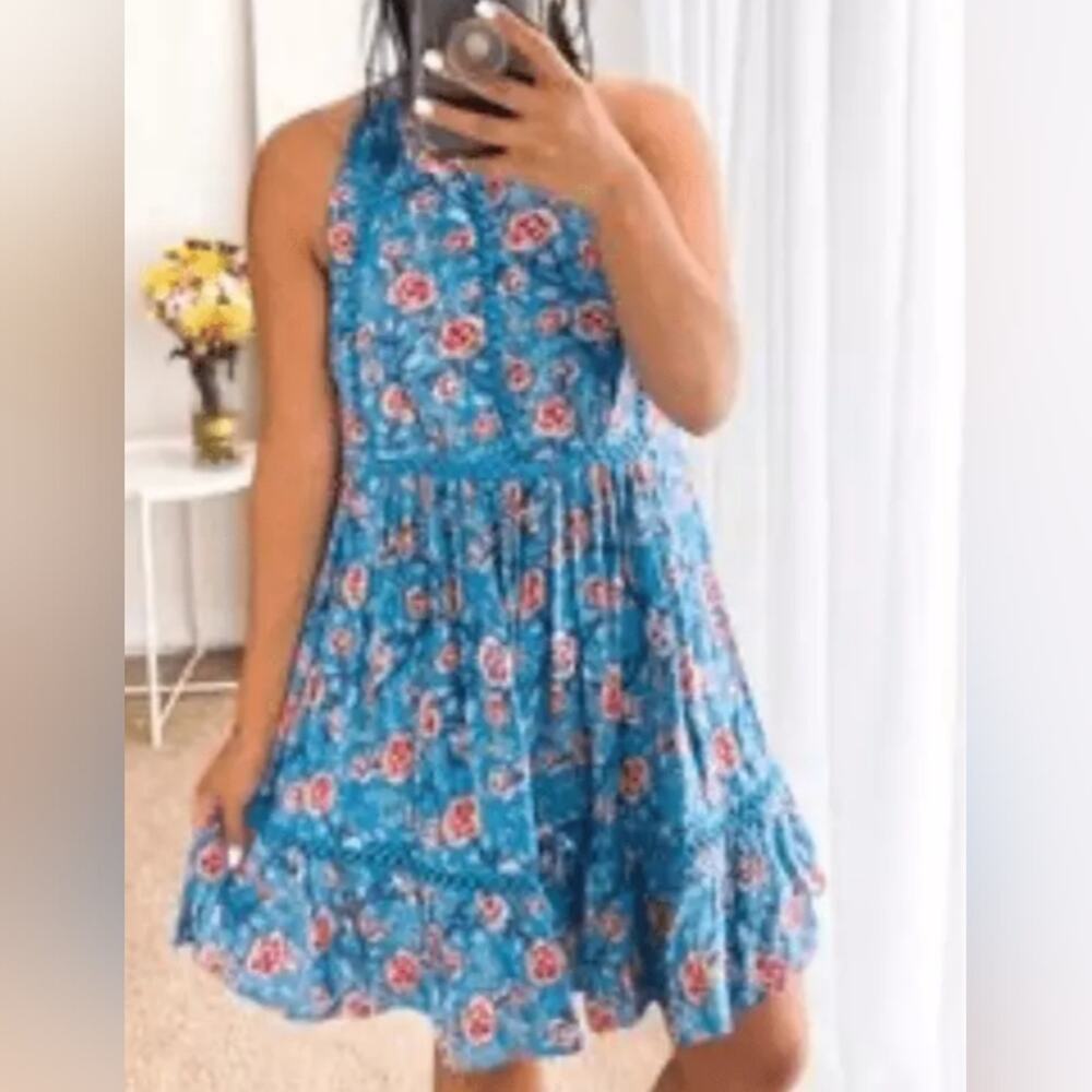 Anthropologie Sunday Mi Amor Blue Rose Backless Halter Mini Ruffle Sun Dress M